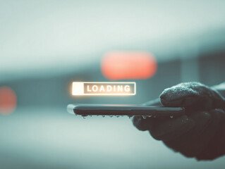 Gloved hand holding phone displaying Loading. Concept for slow internet, delayed processes, tech issues. Great for blogs, articles, and ads.