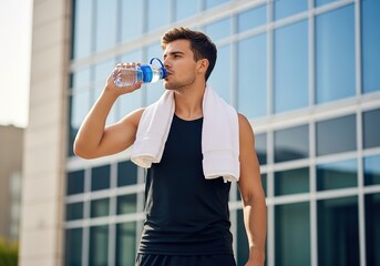 Fit young man wearing athletic clothing and towel drinks water after outdoor workout session