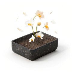 Orchid plant in a dark rectangular pot isolated on white background