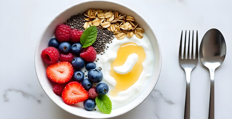 A bright and clean overhead shot of a healthy breakfast bowl with yogurt