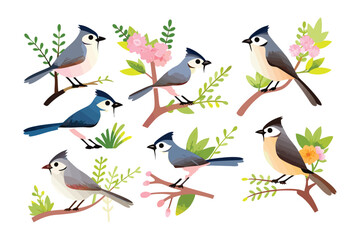 Tawny-Crested Birds' Perch: a composition of avian portraits, featuring a collection of tiny birds. Each little creature sits delicately upon a branch and amongst blooms and leafage.