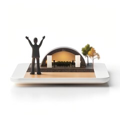 Miniature stadium scene with figure isolated on white background