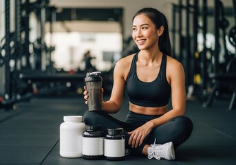 Fit asian woman smiling with protein supplements and shaker bottle in a gym setting