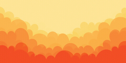 Drawing of sunset sky with clouds, fading dot effect, cartoon illustration, natural background, vector design