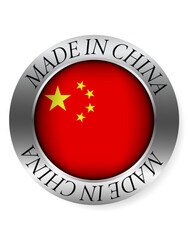 Made in China button icon. Circular emblem with metallic border, glossy central flag, and bilingual label indicating product origin and international manufacturing identity.