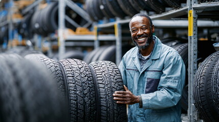 African american man, an auto mechanic technician expert, holding two tires with happy smile in car garage for vehicle maintenance.