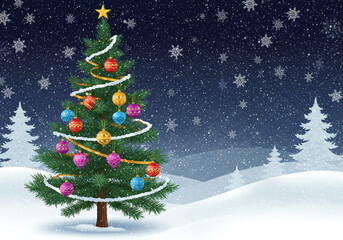A christmas tree decorated with ornaments and a star in a snowy landscape with snowflakes falling