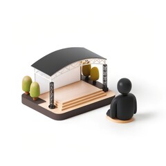 Miniature stage and audience member isolated on white background