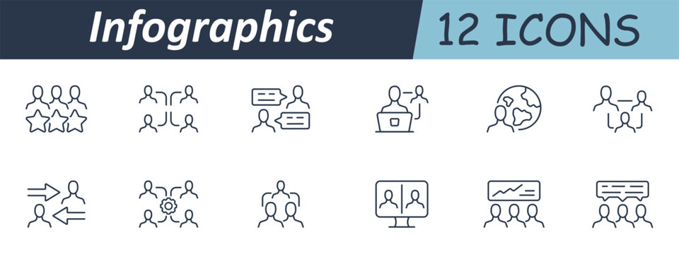 Infographics set icon. Linear icons show people, communication bubbles, teamwork, interaction, global reach, conversation, cooperation, video calls, statistics, and feedback
