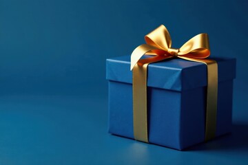 Obraz premium Elegant blue gift box with golden bow, dark blue background, elegant, fathers day