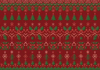 A festive christmas sweater pattern featuring trees snowflakes and holly on a red background design