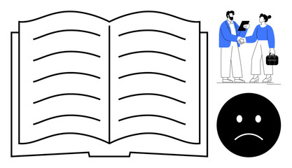 Open book symbolizes learning, businesspeople shaking hands signify collaboration, sad face represents disappointment. Ideal for education, professional growth, emotions, business deals, contrasts