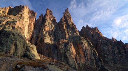 Obraz premium A close-up view of rocky mountain peaks, with jagged edges and deep shadows, framed by a clear sky, highlighting the beauty of the rugged landscape