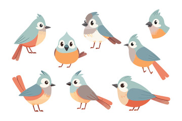 Colorful avian collection: A vibrant assortment of stylized birds, showcasing a variety of poses and perspectives, ready for your creative projects.