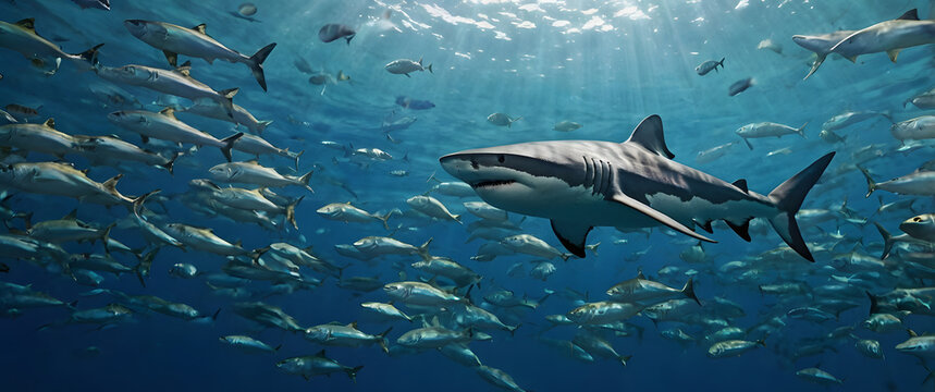 Requin au milieu d'un banc de poissons