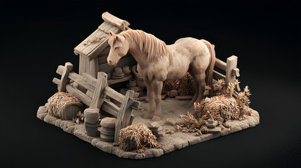 isometric horse statue made of clay on a black background