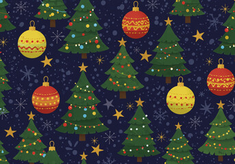 A festive pattern of christmas trees, ornaments, stars, and snowflakes on a dark blue background