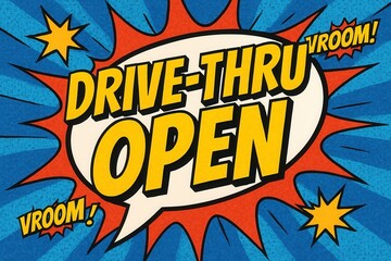 Bold pop art style graphic featuring the text "Drive-Thru Open" in a comic book explosion design with vibrant colors and dynamic effects, conveying energy and convenience.