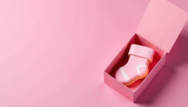 Pink baby socks shaped cookies in gift box on pink background , close up, minimal, box