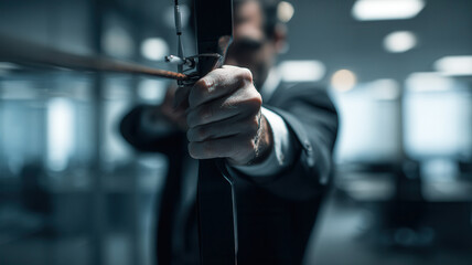 business shoot with slingshot to target, office background 