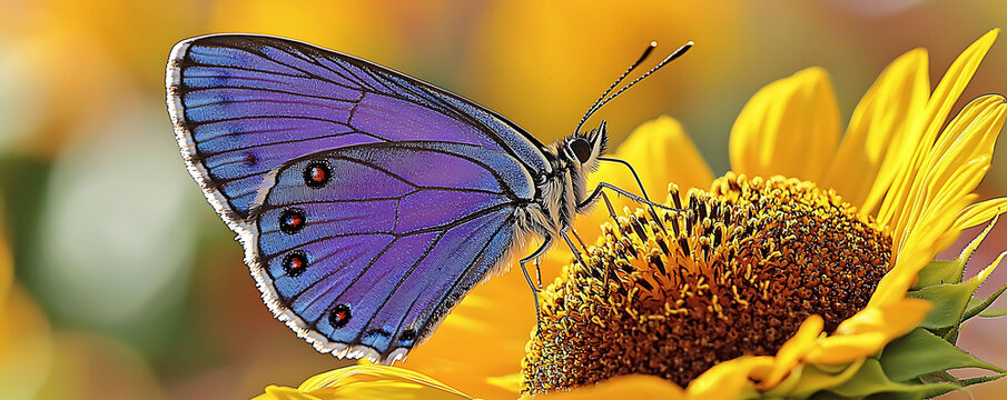 Vibrant purple butterfly delicately perched on a bright yellow sunflower.  Stunning closeup showcasing intricate wing details and natural beauty.