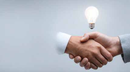 Hand shaking with a light bulb overhead, symbolizing business partnership and ideas, 