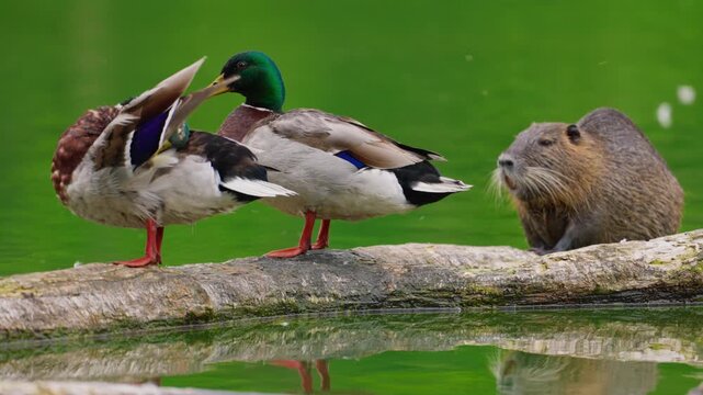 Cute nutria sitting with ducks on a log in the lake