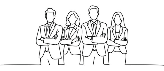 continuous single line drawing of four business professionals standing side by side with arms crossed, representing unity, confidence, and teamwork