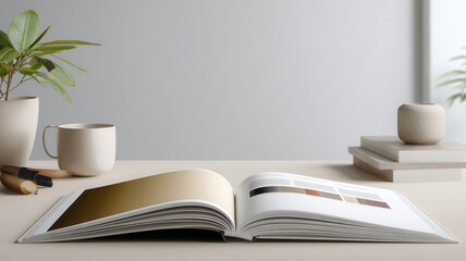 Supplier catalog book open on desk beside product samples, minimal 