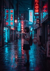 Manga-styled high school student in a rainy city street at dusk, vibrant neon signs, soft focus, cinematic lighting.
