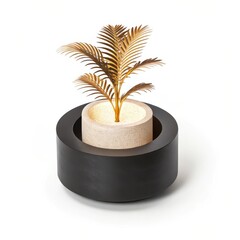 Golden plant in black pot candle holder isolated on white background