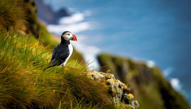 Stunning puffin perched on a grassy cliff overlooking a vibrant ocean.  Perfect for nature documentaries, travel brochures, or wildlife publications.