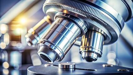 Close up of a modern microscope used in a science laboratory