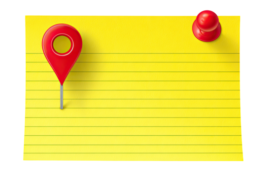 Yellow notepad with red pushpin and map marker