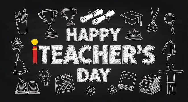 Happy teachers day chalkboard art with educational symbols