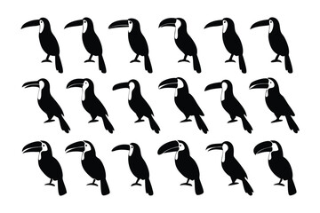 Toucans Silhouette Pattern: A meticulously arranged pattern of toucan silhouettes, each showcasing the distinctive curved beak and sleek profile of this tropical avian species.