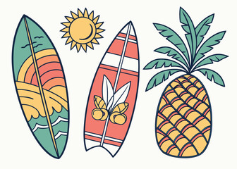 Colorful Retro Tropical Summer Icons Collection: Surfboard, Pineapple, Palm Trees Beach Scene, and Vintage Van for Vacation and Travel Designs