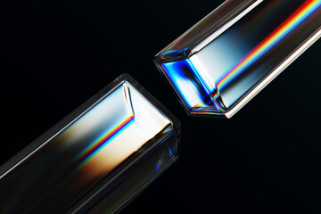 Fototapeta na wymiar 3d black background with glass chromatic cube block shapes render. Abstract crystal diagonal line pattern with rainbow caustic effect, neon light holographic gradient. Digital tech bg. 3D illustration