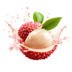 Fresh Lychee Fruit with Splash of Lychee Juice Floating in Air