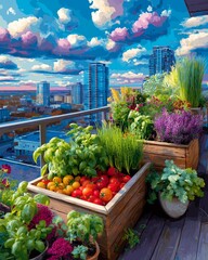 Urban gardening at home art with urban gardening at home on a balcony with raised planter , herbs, vibrant pop art gardening at home scenes and urban gardening at home illustration style