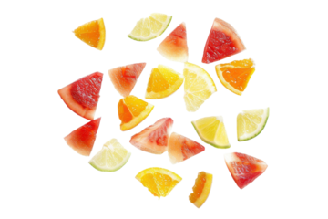 Colorful fruit slices arranged artistically on a white background showcasing a variety of shapes and textures