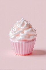 3D Render of a Glossy Pink Cupcake with Swirled Frosting Design