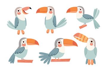 Fototapeta premium Charming Toucan Collection: Captivating illustration featuring a delightful array of toucans in various poses, perfect for adding a touch of tropical flair to any project.