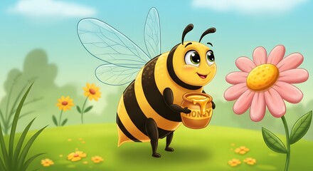 Playful animated bee buzzing around flowers, perfect for app icons, mobile games for kids, or printable classroom visuals.