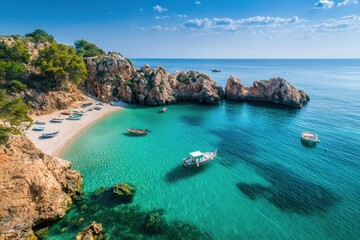 Fototapeta premium Serene boat exploration in a hidden cove exotic island gigapixel standard tropical paradise aerial view nature's beauty