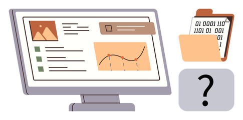Computer screen displaying data graph, list, and thumbnail next to an open folder with binary code and a question mark icon. Ideal for analytics, computing, file management, problem-solving, data