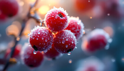 rote Winterbeeren, die von zarten Eiskristallen und Morgentau bedeckt sind