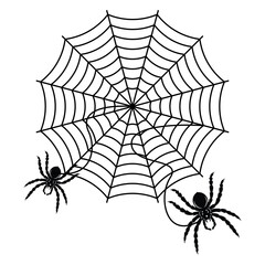 Spider web and spider drawing in linear silhouette form. Black and white line art for Halloween. Vector illustration.