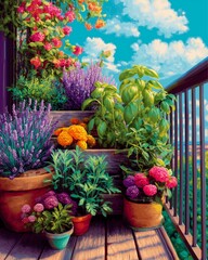 Urban gardening at home art with urban gardening at home on a balcony with raised planter , herbs, vibrant pop art gardening at home scenes and urban gardening at home illustration style