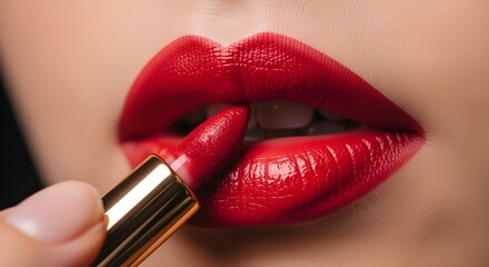 Obraz premium Close-up of a woman applying bright red lipstick on her perfect lips